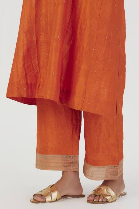 Shop Lajjoo C Orange Silk Embroidery Blossom Round Zehra Fleur Kurta With Palazzo Online at Aza Fashions Shop_Lajjoo C_Orange Silk Embroidery Blossom Round Zehra Fleur Kurta With Palazzo _Online_at_Aza_Fashions