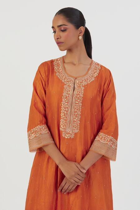 Lajjoo C Orange Silk Embroidery Blossom Round Zehra Fleur Kurta With Palazzo at Aza Fashions Lajjoo C_Orange Silk Embroidery Blossom Round Zehra Fleur Kurta With Palazzo _at_Aza_Fashions