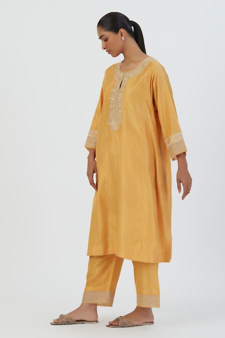 Lajjoo C Yellow Silk Embroidery Blossom Round Zehra Bloom Kurta With Palazzo