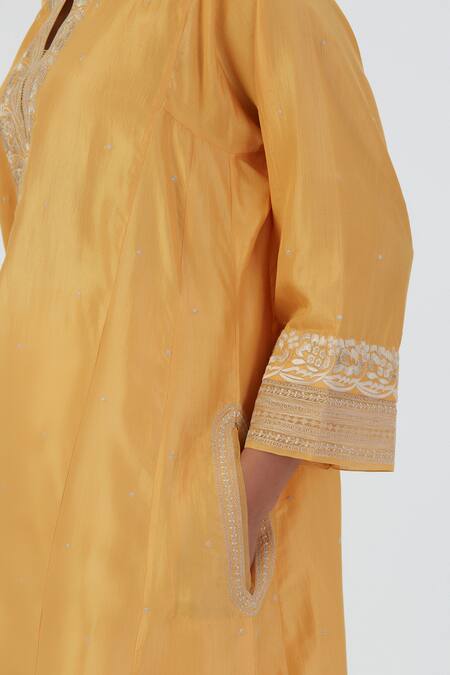 Shop_Lajjoo C_Yellow Silk Embroidery Blossom Round Zehra Bloom Kurta With Palazzo _Online_at_Aza_Fashions