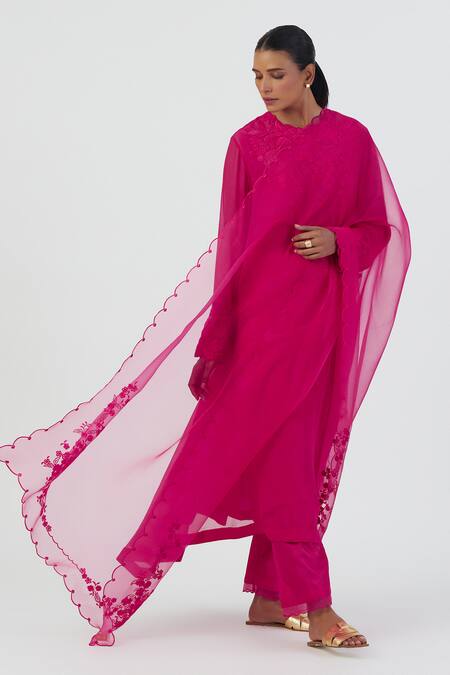 Lajjoo C Pink Georgette Embroidery Pansy Bloom High Round Mehar Kurta With Palazzo Online at Aza Fashions Lajjoo C_Pink Georgette Embroidery Pansy Bloom High Round Mehar Kurta With Palazzo _Online_at_Aza_Fashions