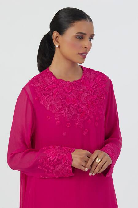 Buy Lajjoo C Pink Georgette Embroidery Pansy Bloom High Round Mehar Kurta With Palazzo Online at Aza Fashions Buy_Lajjoo C_Pink Georgette Embroidery Pansy Bloom High Round Mehar Kurta With Palazzo _Online_at_Aza_Fashions