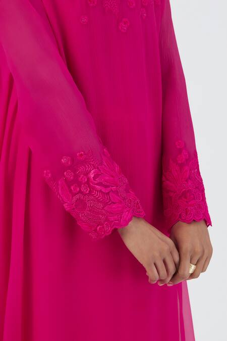 Shop Lajjoo C Pink Georgette Embroidery Pansy Bloom High Round Mehar Kurta With Palazzo Online at Aza Fashions Shop_Lajjoo C_Pink Georgette Embroidery Pansy Bloom High Round Mehar Kurta With Palazzo _Online_at_Aza_Fashions