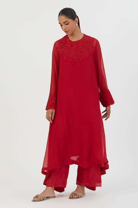 Lajjoo C Red Georgette Embroidery Pansy Bloom High Mehar Rafflesia Kurta With Palazzo