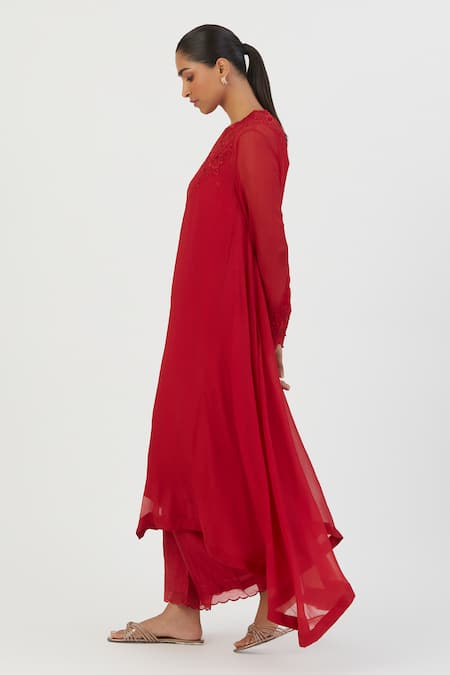 Shop Lajjoo C Red Georgette Embroidery Pansy Bloom High Mehar Rafflesia Kurta With Palazzo at Aza Fashions Shop_Lajjoo C_Red Georgette Embroidery Pansy Bloom High Mehar Rafflesia Kurta With Palazzo _at_Aza_Fashions