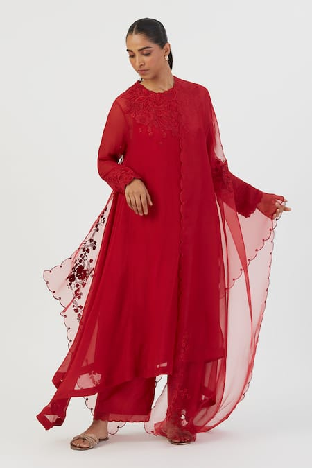 Lajjoo C Red Georgette Embroidery Pansy Bloom High Mehar Rafflesia Kurta With Palazzo Online at Aza Fashions Lajjoo C_Red Georgette Embroidery Pansy Bloom High Mehar Rafflesia Kurta With Palazzo _Online_at_Aza_Fashions