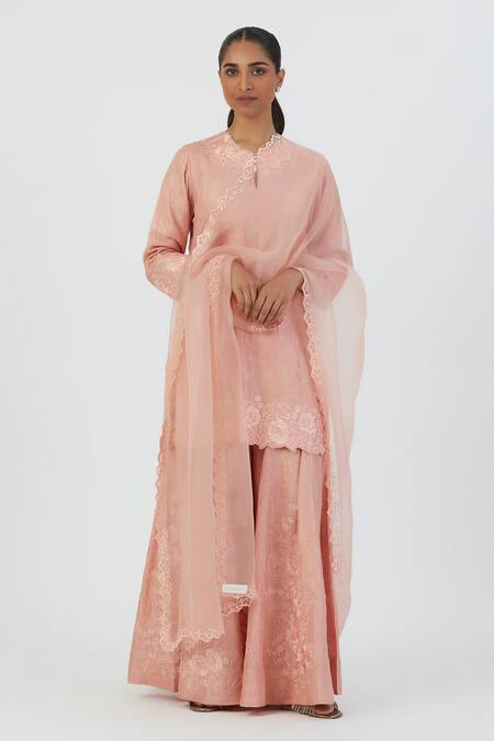 Buy_Lajjoo C_Pink Silk Embroidery Wild Bloom U Neck Kurta With Sharara _Online_at_Aza_Fashions