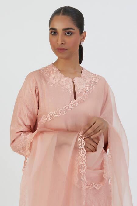 Shop_Lajjoo C_Pink Silk Embroidery Wild Bloom U Neck Kurta With Sharara _Online_at_Aza_Fashions