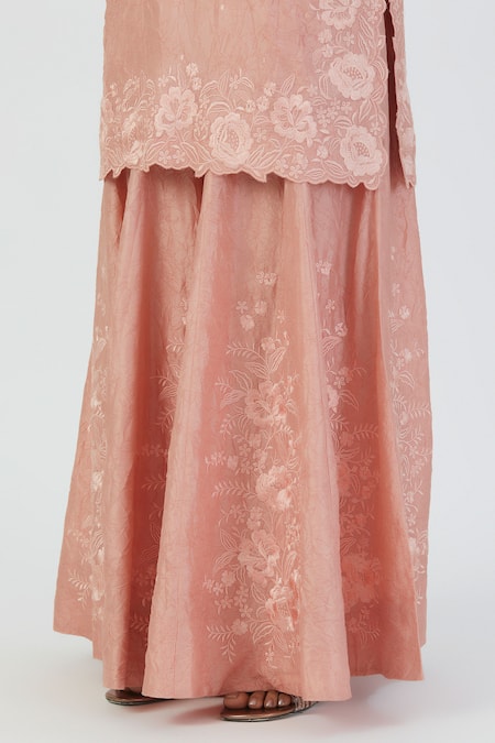 Lajjoo C_Pink Silk Embroidery Wild Bloom U Neck Kurta With Sharara _at_Aza_Fashions