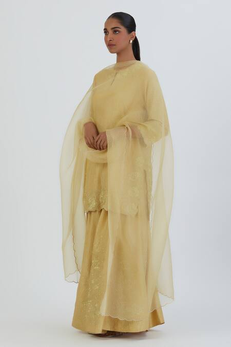 Buy_Lajjoo C_Yellow Silk Embroidery Wild Bloom U Neck Blossom Kurta With Sharara _Online_at_Aza_Fashions