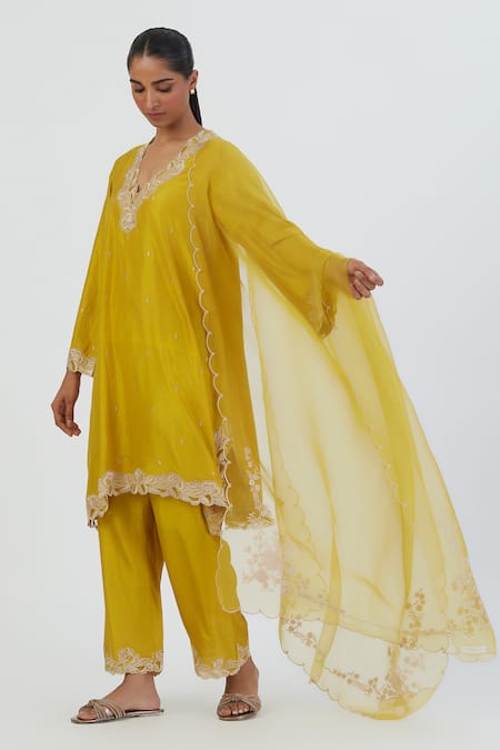 Shop_Lajjoo C_Yellow Organza Embroidery Florid Nira Dupatta _Online_at_Aza_Fashions