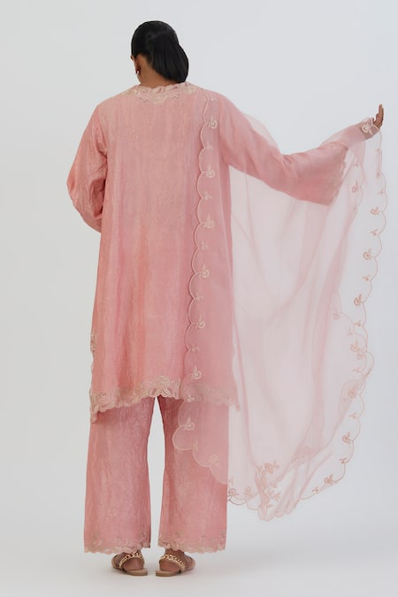 Shop_Lajjoo C_Pink Organza Embroidery Floweret Lehar Dupatta _at_Aza_Fashions