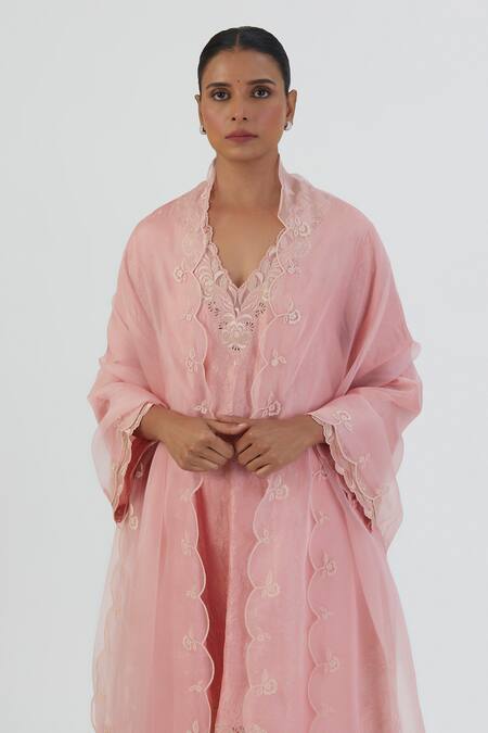 Lajjoo C_Pink Organza Embroidery Floweret Lehar Dupatta _Online_at_Aza_Fashions