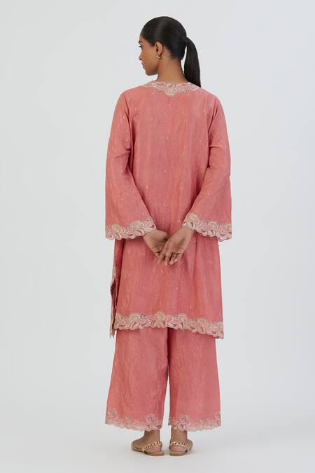 Shop Lajjoo C Coral Silk Embroidered Thread V Neck Naaz Kurta And Pant Set at Aza Fashions Shop_Lajjoo C_Coral Silk Embroidered Thread V Neck Naaz Kurta And Pant Set _at_Aza_Fashions