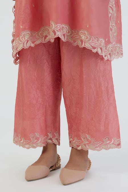 Lajjoo C Coral Silk Embroidered Thread V Neck Naaz Kurta And Pant Set Online at Aza Fashions Lajjoo C_Coral Silk Embroidered Thread V Neck Naaz Kurta And Pant Set _Online_at_Aza_Fashions