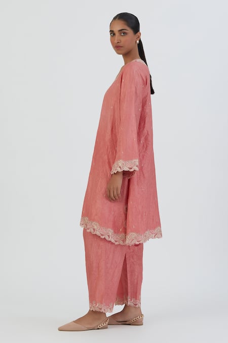 Buy Lajjoo C Coral Silk Embroidered Thread V Neck Naaz Kurta And Pant Set Online at Aza Fashions Buy_Lajjoo C_Coral Silk Embroidered Thread V Neck Naaz Kurta And Pant Set _Online_at_Aza_Fashions