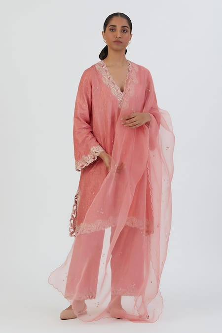 Shop Lajjoo C Coral Silk Embroidered Thread V Neck Naaz Kurta And Pant Set Online at Aza Fashions Shop_Lajjoo C_Coral Silk Embroidered Thread V Neck Naaz Kurta And Pant Set _Online_at_Aza_Fashions