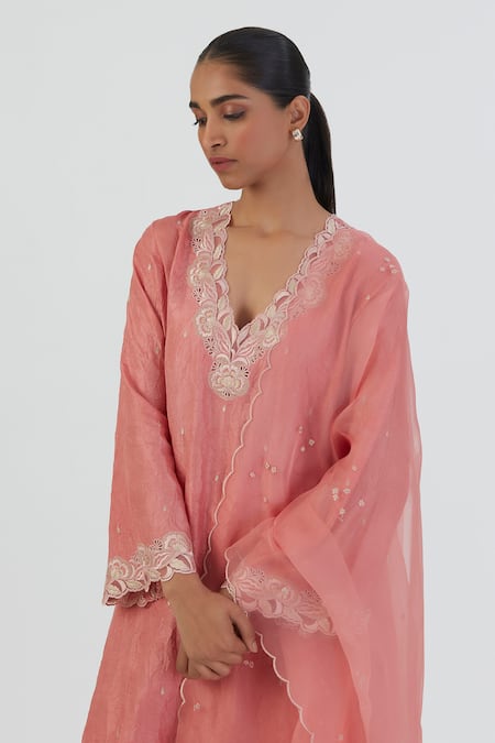 Lajjoo C Coral Silk Embroidered Thread V Neck Naaz Kurta And Pant Set at Aza Fashions Lajjoo C_Coral Silk Embroidered Thread V Neck Naaz Kurta And Pant Set _at_Aza_Fashions