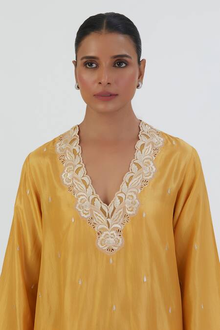 Buy Lajjoo C Yellow Silk Embroidered Thread V Neck Naaz Work Kurta And Pant Set Online at Aza Fashions Buy_Lajjoo C_Yellow Silk Embroidered Thread V Neck Naaz Work Kurta And Pant Set _Online_at_Aza_Fashions