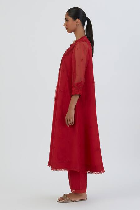 Lajjoo C Red Kurta Chanderi Embroidered Thread Round Prisha Work And Pant Set Online at Aza Fashions Lajjoo C_Red Kurta Chanderi Embroidered Thread Round Prisha Work And Pant Set _Online_at_Aza_Fashions