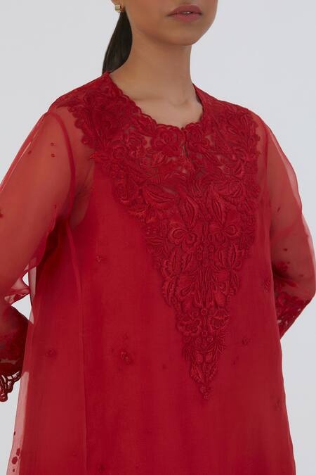 Shop Lajjoo C Red Kurta Chanderi Embroidered Thread Round Prisha Work And Pant Set Online at Aza Fashions Shop_Lajjoo C_Red Kurta Chanderi Embroidered Thread Round Prisha Work And Pant Set _Online_at_Aza_Fashions