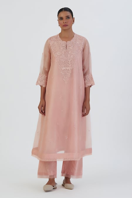 Lajjoo C Pink Organza, Silk Embroidery Round Neck Kurta And Pant Set