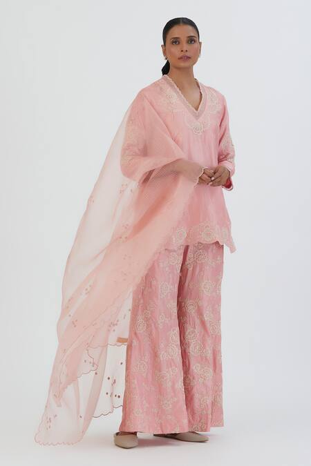 Lajjoo C_Pink Silk Embroidered Thread V Neck Seerat Kurta And Pant Set _Online_at_Aza_Fashions