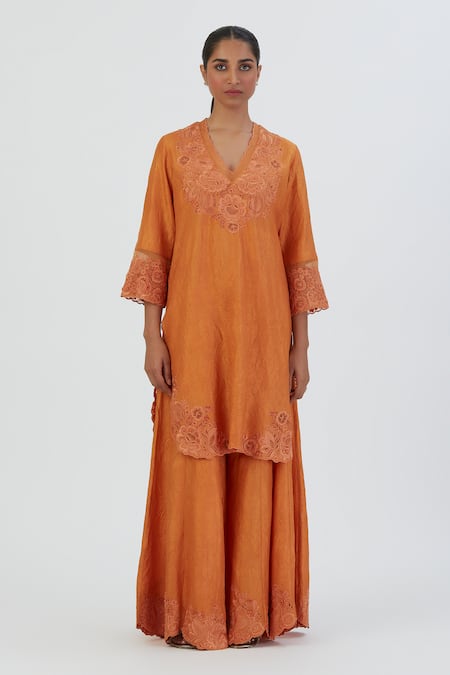 Lajjoo C Orange Silk Embroidered Thread V Neck Isha Kurta And Sharara Set