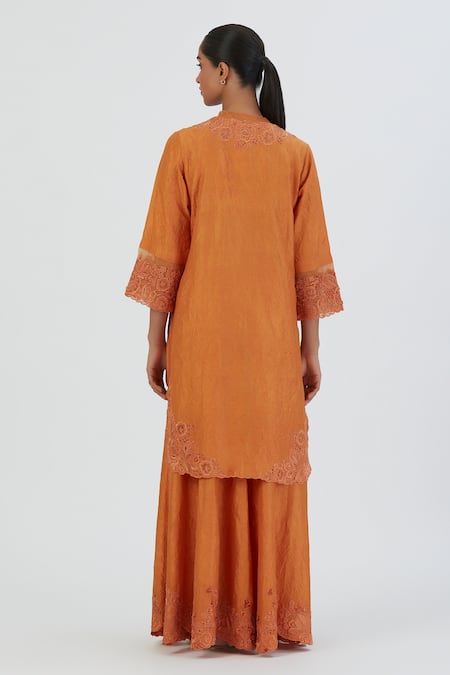 Shop Lajjoo C Orange Silk Embroidered Thread V Neck Isha Kurta And Sharara Set at Aza Fashions Shop_Lajjoo C_Orange Silk Embroidered Thread V Neck Isha Kurta And Sharara Set _at_Aza_Fashions