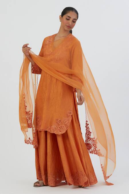 Lajjoo C Orange Silk Embroidered Thread V Neck Isha Kurta And Sharara Set Online at Aza Fashions Lajjoo C_Orange Silk Embroidered Thread V Neck Isha Kurta And Sharara Set _Online_at_Aza_Fashions