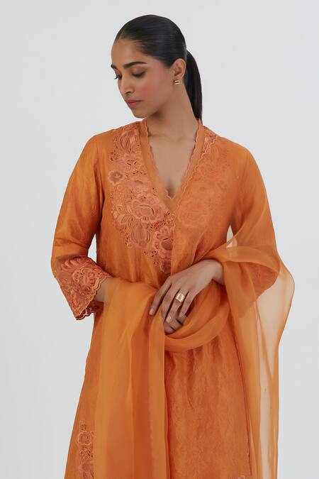 Buy Lajjoo C Orange Silk Embroidered Thread V Neck Isha Kurta And Sharara Set Online at Aza Fashions Buy_Lajjoo C_Orange Silk Embroidered Thread V Neck Isha Kurta And Sharara Set _Online_at_Aza_Fashions