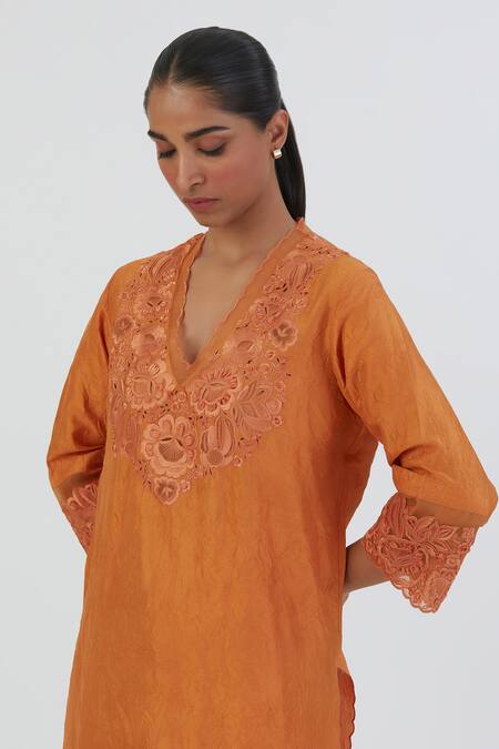 Shop Lajjoo C Orange Silk Embroidered Thread V Neck Isha Kurta And Sharara Set Online at Aza Fashions Shop_Lajjoo C_Orange Silk Embroidered Thread V Neck Isha Kurta And Sharara Set _Online_at_Aza_Fashions
