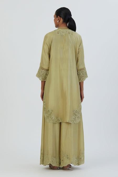 Shop Lajjoo C Green Silk Embroidered Thread V Neck Isha Kurta And Sharara Set at Aza Fashions Shop_Lajjoo C_Green Silk Embroidered Thread V Neck Isha Kurta And Sharara Set _at_Aza_Fashions