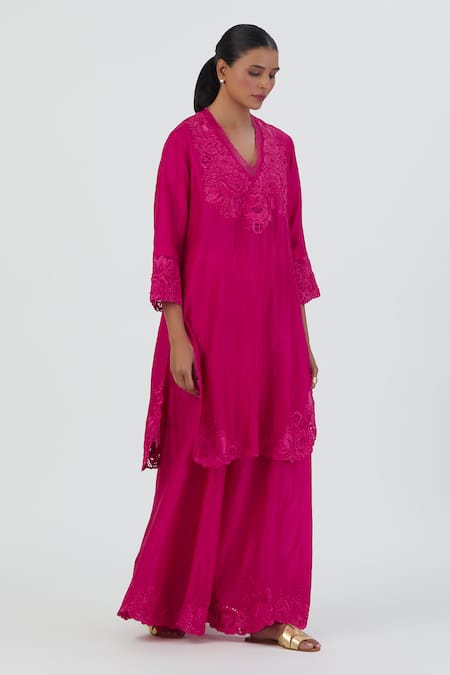 Lajjoo C Pink Silk Embroidered Thread V Neck Isha Work Kurta And Sharara Set 