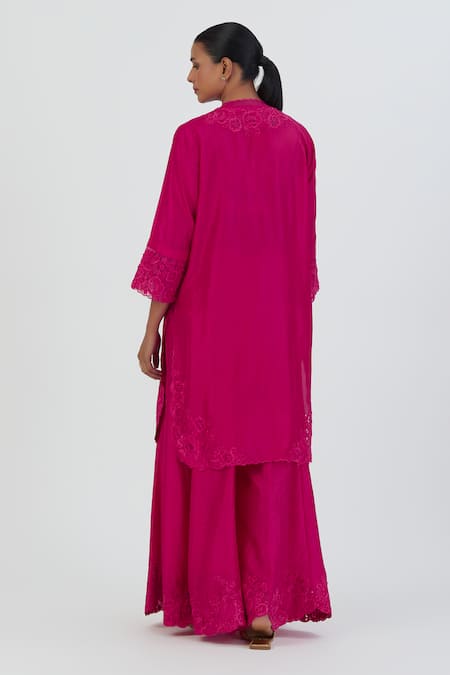 Shop Lajjoo C Pink Silk Embroidered Thread V Neck Isha Work Kurta And Sharara Set at Aza Fashions Shop_Lajjoo C_Pink Silk Embroidered Thread V Neck Isha Work Kurta And Sharara Set _at_Aza_Fashions