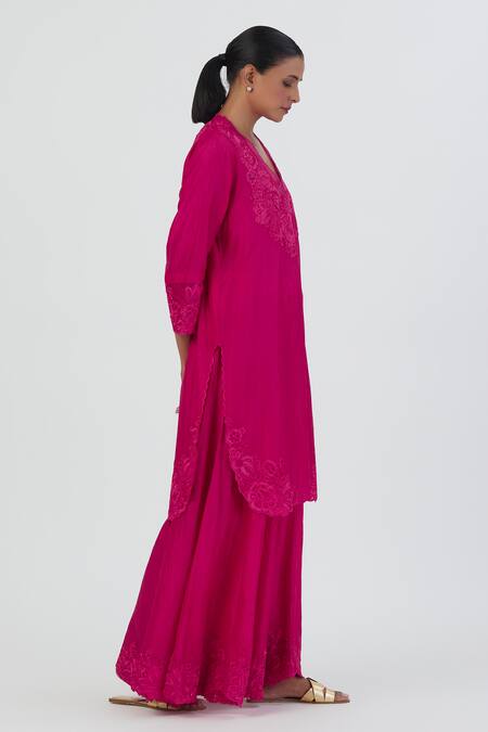 Lajjoo C Pink Silk Embroidered Thread V Neck Isha Work Kurta And Sharara Set Online at Aza Fashions Lajjoo C_Pink Silk Embroidered Thread V Neck Isha Work Kurta And Sharara Set _Online_at_Aza_Fashions