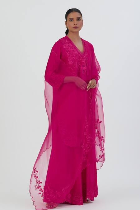 Buy Lajjoo C Pink Silk Embroidered Thread V Neck Isha Work Kurta And Sharara Set Online at Aza Fashions Buy_Lajjoo C_Pink Silk Embroidered Thread V Neck Isha Work Kurta And Sharara Set _Online_at_Aza_Fashions