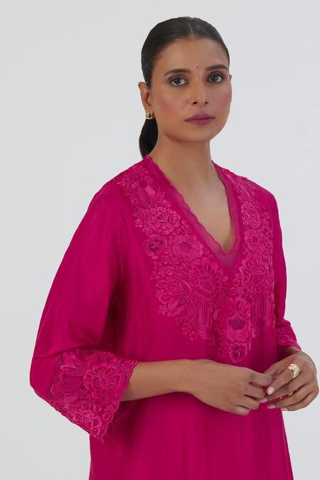 Shop Lajjoo C Pink Silk Embroidered Thread V Neck Isha Work Kurta And Sharara Set Online at Aza Fashions Shop_Lajjoo C_Pink Silk Embroidered Thread V Neck Isha Work Kurta And Sharara Set _Online_at_Aza_Fashions