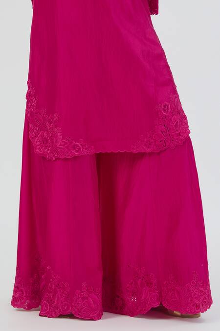 Lajjoo C Pink Silk Embroidered Thread V Neck Isha Work Kurta And Sharara Set at Aza Fashions Lajjoo C_Pink Silk Embroidered Thread V Neck Isha Work Kurta And Sharara Set _at_Aza_Fashions