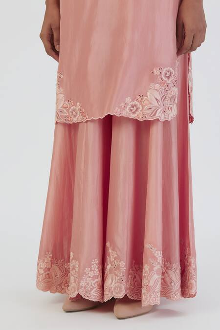 Lajjoo C_Pink Silk Embroidered Thread V Neck Isha Kurta And Sharara Set _Online_at_Aza_Fashions