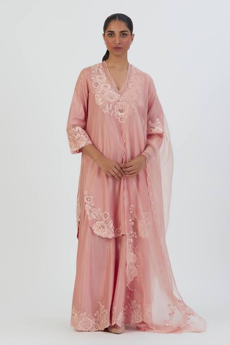 Shop_Lajjoo C_Pink Silk Embroidered Thread V Neck Isha Kurta And Sharara Set _Online_at_Aza_Fashions