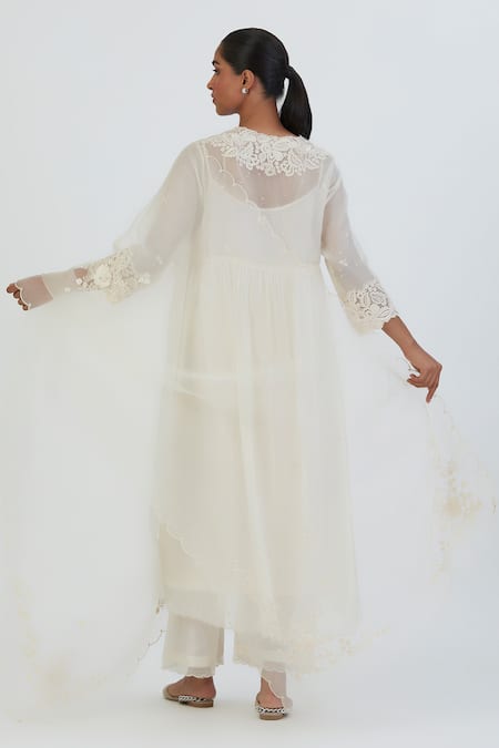 Shop Lajjoo C Ivory Organza Embroidered Thread Nira Dupatta at Aza Fashions Shop_Lajjoo C_Ivory Organza Embroidered Thread Nira Dupatta _at_Aza_Fashions