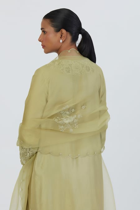 Shop_Lajjoo C_Green Organza Embroidered Thread Nira Work Dupatta _at_Aza_Fashions