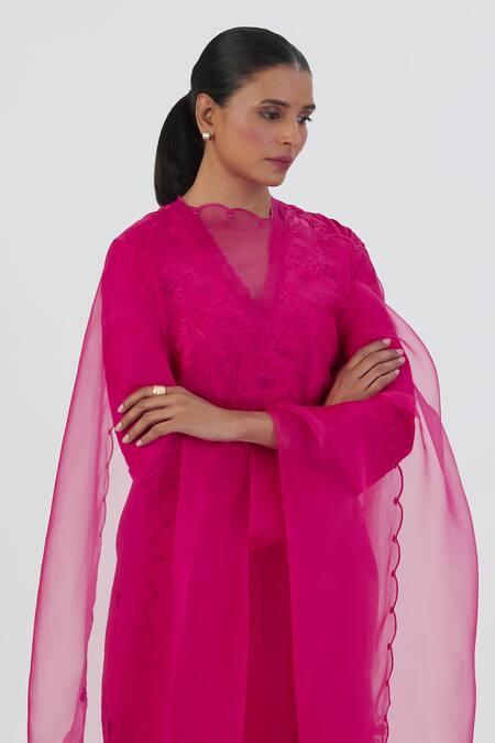 Buy_Lajjoo C_Pink Organza Embroidered Thread Nira Dupatta _Online_at_Aza_Fashions
