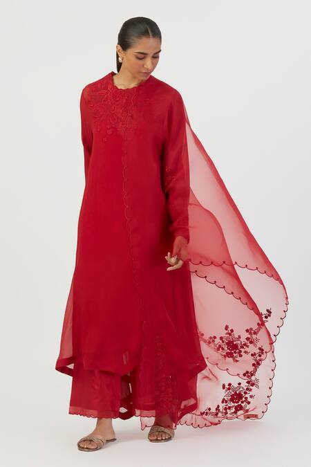 Lajjoo C_Red Organza Embroidery Nira Thread Dupatta _Online_at_Aza_Fashions