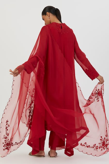 Buy_Lajjoo C_Red Organza Embroidery Nira Thread Dupatta _Online_at_Aza_Fashions