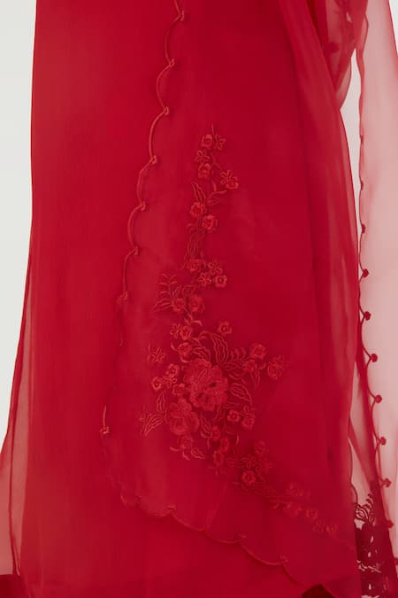 Shop_Lajjoo C_Red Organza Embroidery Nira Thread Dupatta _Online_at_Aza_Fashions