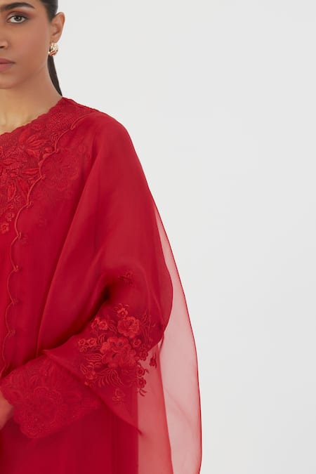 Lajjoo C_Red Organza Embroidery Nira Thread Dupatta _at_Aza_Fashions