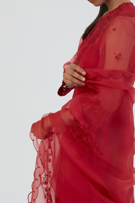 Buy_Lajjoo C_Red Organza Embroidery Nira Thread Dupatta 