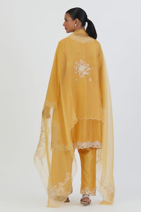 Shop Lajjoo C Yellow Organza Embroidered Thread Nira Work Dupatta at Aza Fashions Shop_Lajjoo C_Yellow Organza Embroidered Thread Nira Work Dupatta _at_Aza_Fashions